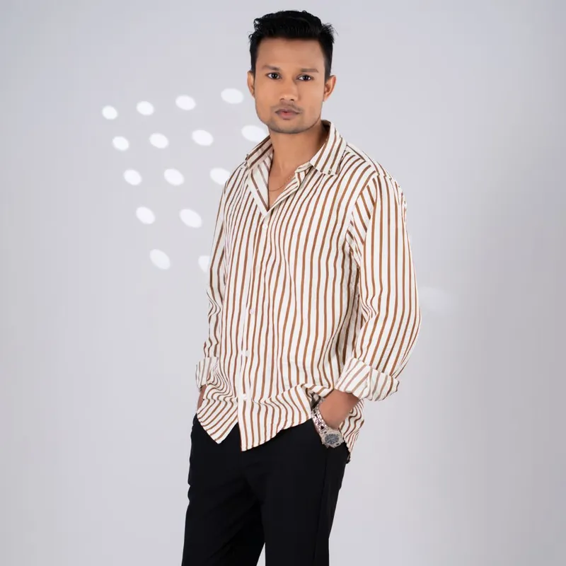 White Brown Vertical Stripe Shirt for Men – Premium Full Sleeve Shirt